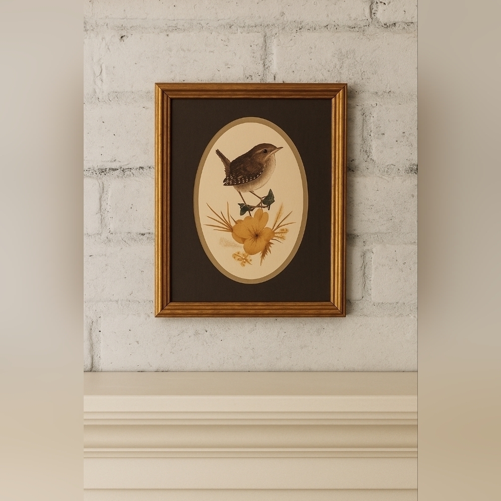 Vintage Sharon Jervis Wren Print with Pressed Flowers in Wooden Frame